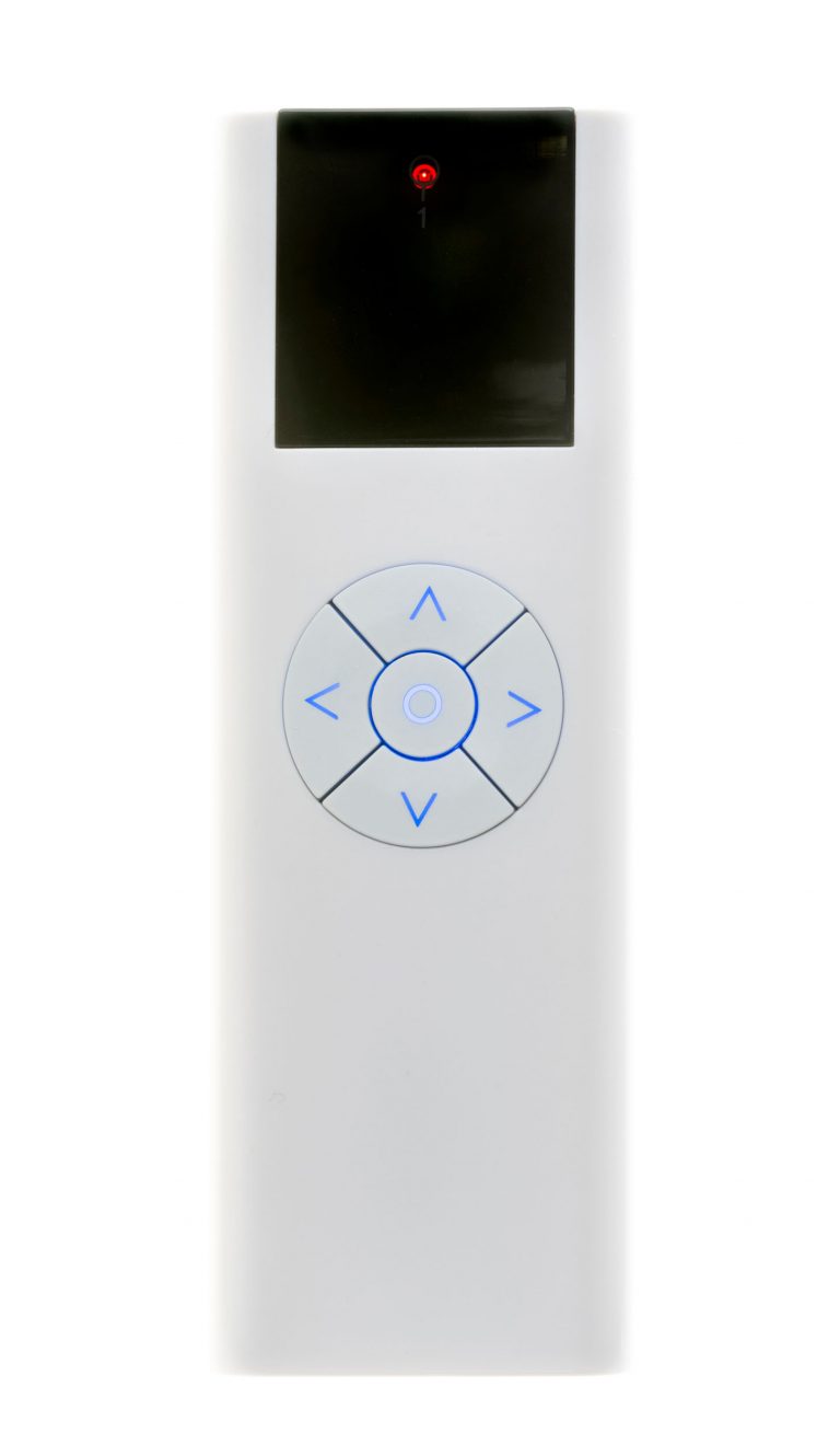 A white remote control features a circular directional pad with four blue arrows and a central button, perfect for seamless remote programming. Its black rectangular top section houses a small red light, likely an indicator or sensor.