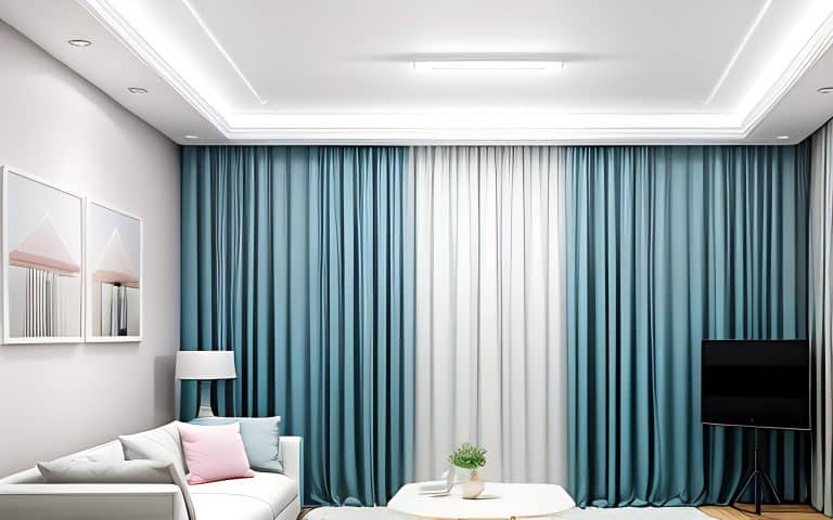 A modern living room with teal and white curtains. A white sofa with pink and gray pillows is on the left, next to a side table and lamp. A small table with a plant is in the center, and a TV stands on the right against the wall.