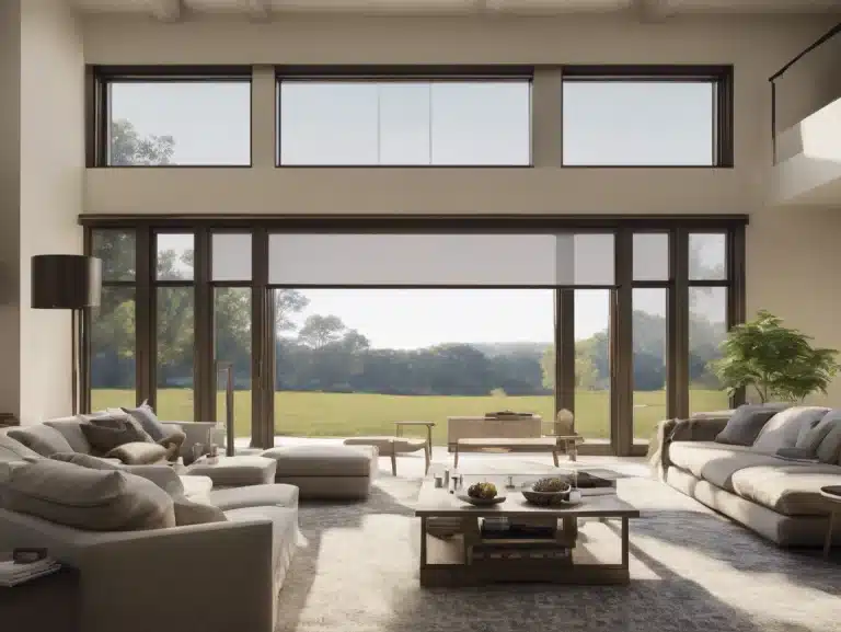 A spacious, modern living room with large windows and automatic curtains overlooking a lush green yard. The room features cozy sofas, a coffee table, and a TV. Natural light fills the space, highlighting the neutral tones and minimalistic decor.