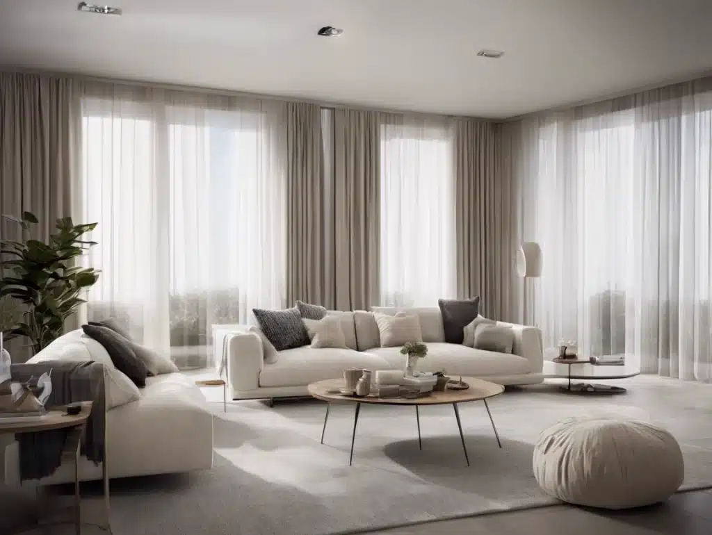 A modern living room with large windows and motorised curtain tracks letting in natural light. It features a white sectional sofa with gray and beige cushions, a round wooden coffee table, a pouf, and a potted plant, all set on a light gray rug.