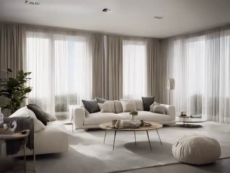 A modern living room with large windows and motorised curtain tracks letting in natural light. It features a white sectional sofa with gray and beige cushions, a round wooden coffee table, a pouf, and a potted plant, all set on a light gray rug.