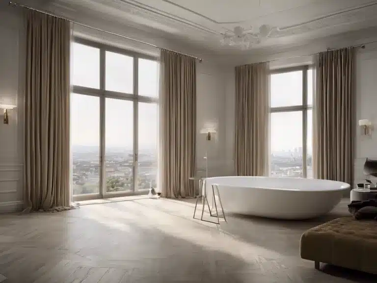 A luxurious bathroom with a freestanding bathtub near large floor-to-ceiling windows offers a stunning city view. The room features elegant curtains on a seamless track system, a beige ottoman, and sophisticated wall sconces, all set in a spacious, light-filled environment.